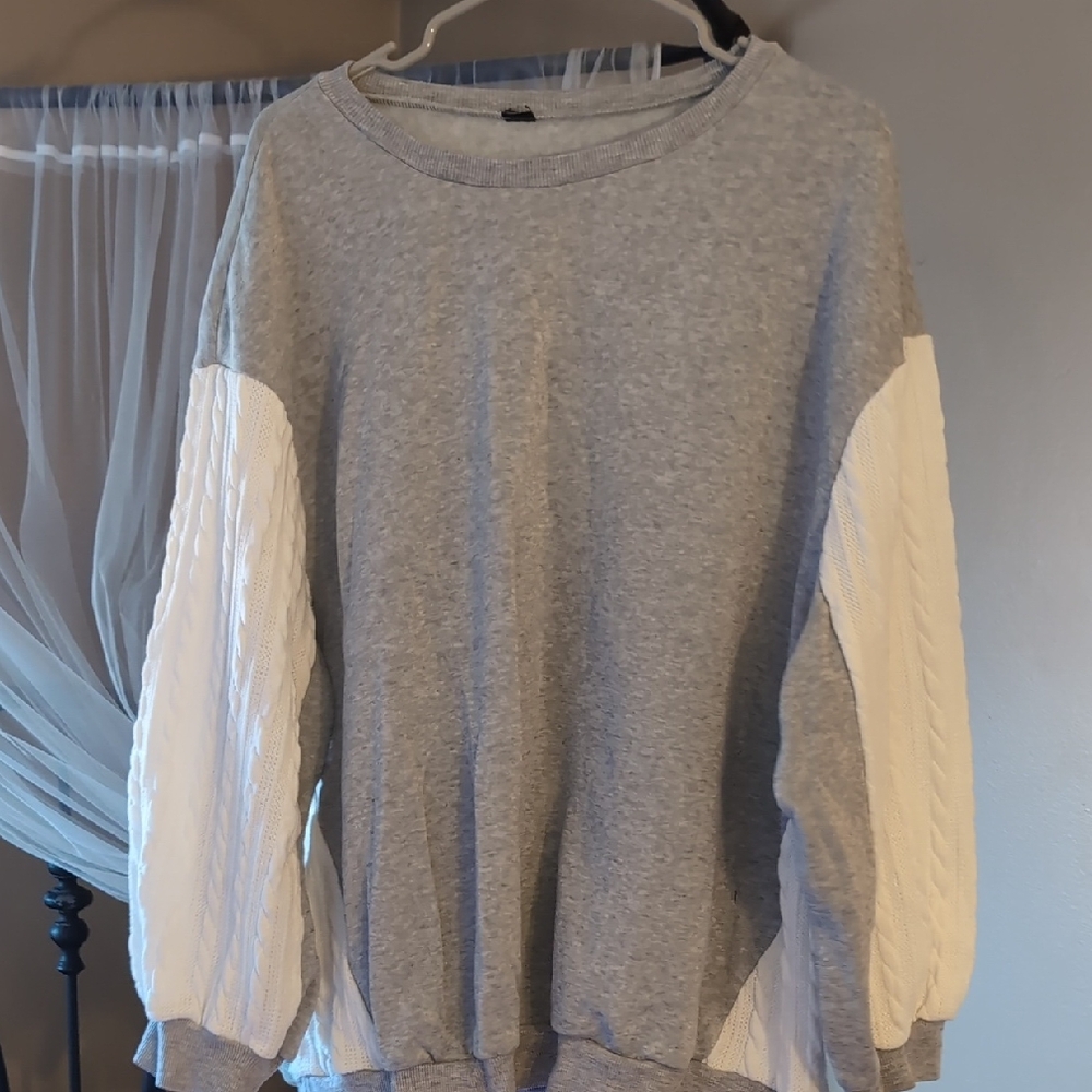 Gray and White Sweater with Cable Knit Sleeves
